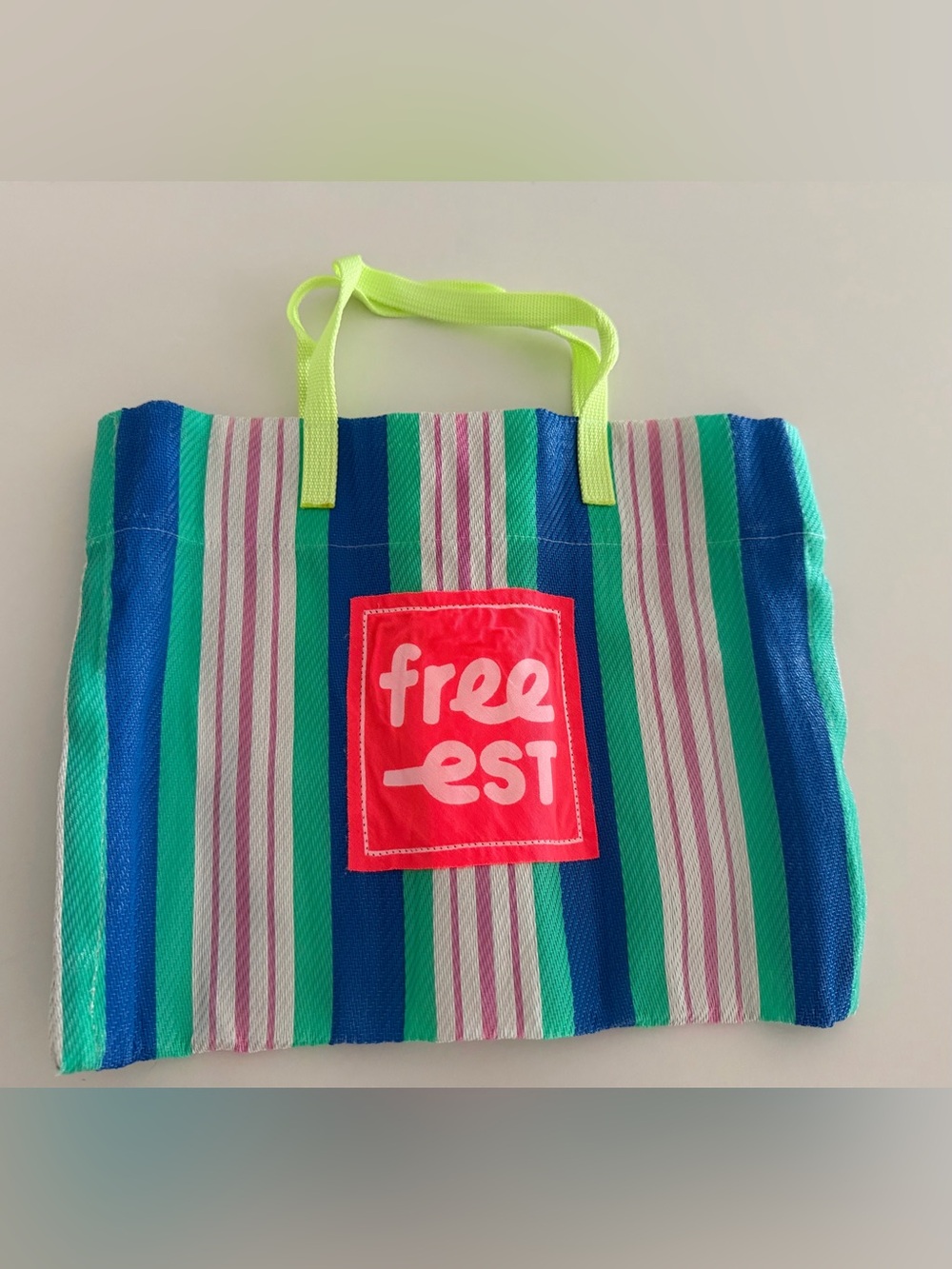 Free-est Neon Green-Handle Striped Mini Tote Bag